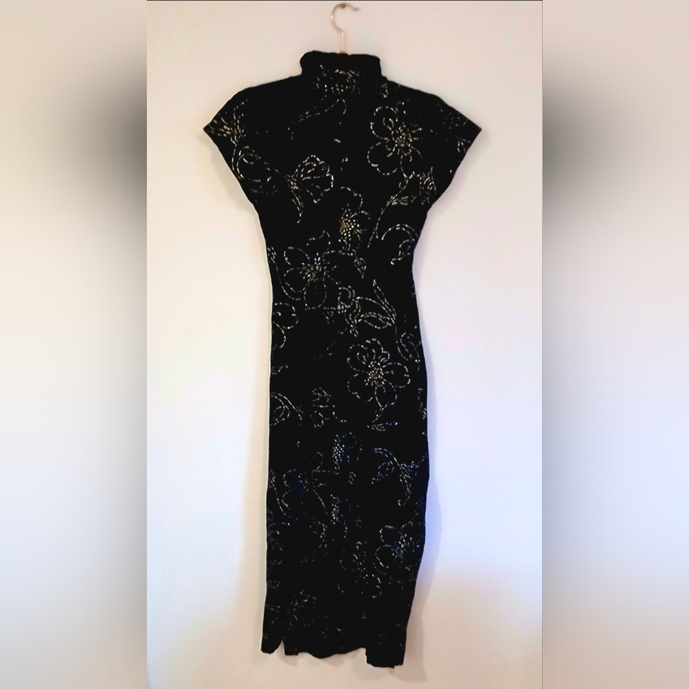 Betsey Johnson Vintage 1980s Dress Bodycon Floral Metallic High Neck Punk Label